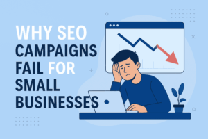 Illustration of a frustrated business owner at a laptop with a downward trending SEO graph behind him