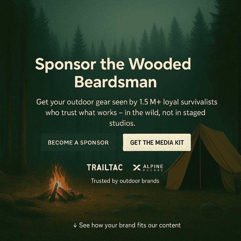 Homepage banner showing a forest background, campfire, tent, bold sponsor headline, media kit CTA, and trust logos for outdoor brands