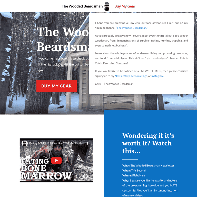 Screenshot of the original Wooded Beardsman homepage featuring a Buy My Gear button, intro text, and YouTube video embed