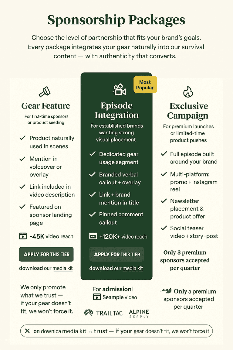 Enhanced sponsorship packages section with icons, video reach, trust badges, sample video prompts, and scarcity messaging for premium outdoor sponsors