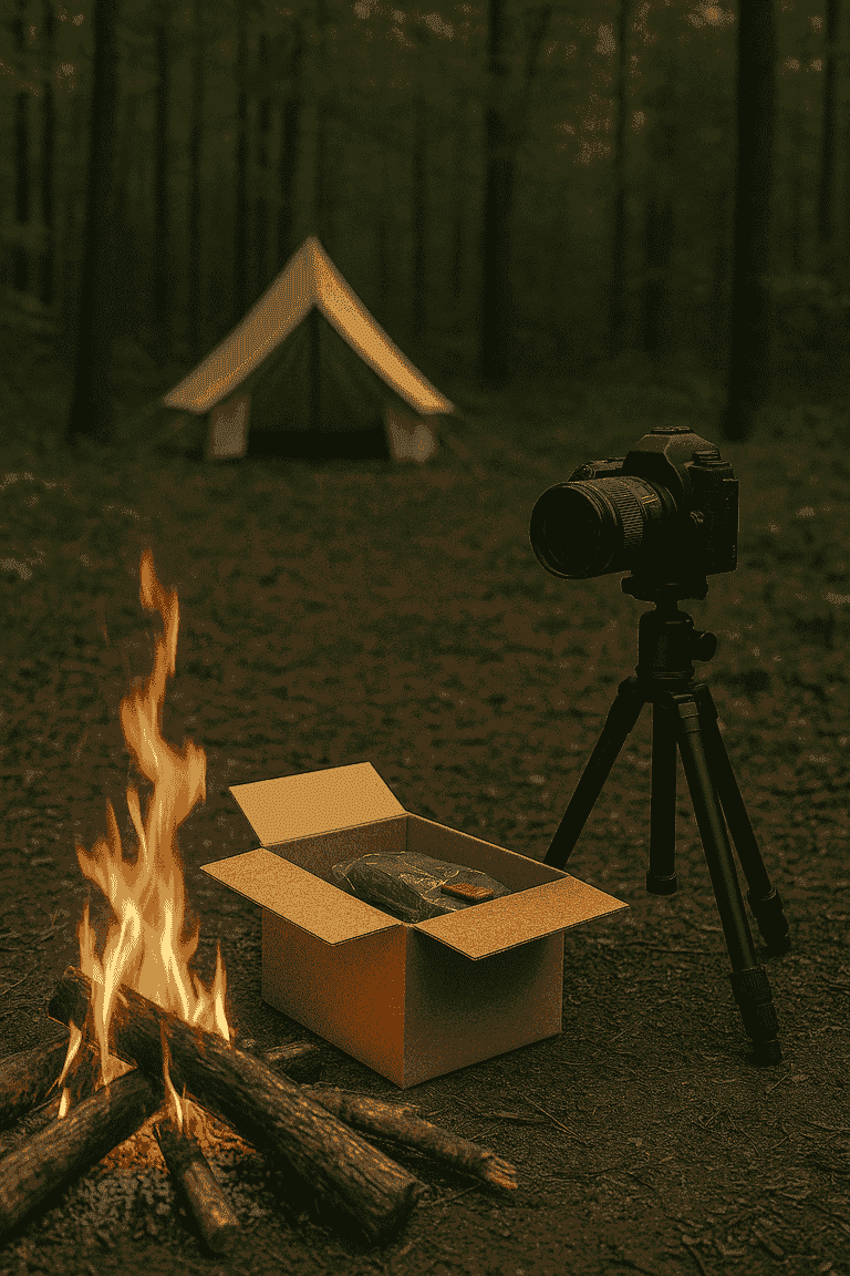Campfire, camera tripod, cardboard box, and canvas tent in forest clearing — representing outdoor content setup