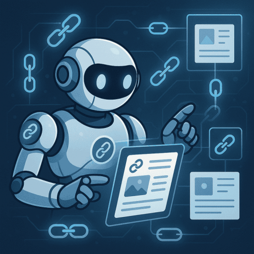 AI link building tactics visualized with a robot analyzing backlinks and outreach data on digital interfaces